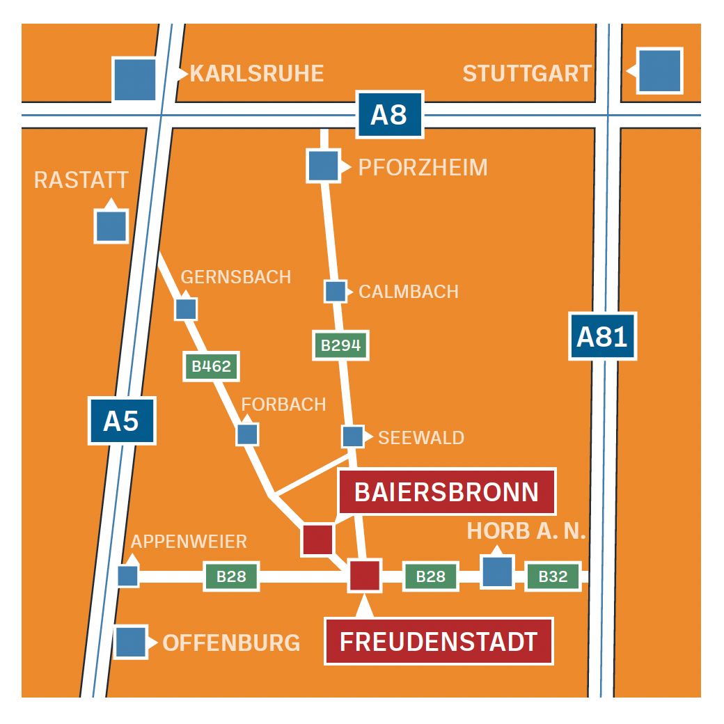 Anfahrtsskizze zur Gartenschau 2025 in Freudenstadt und Baiersbronn, Anbindungen für PKW und Busse